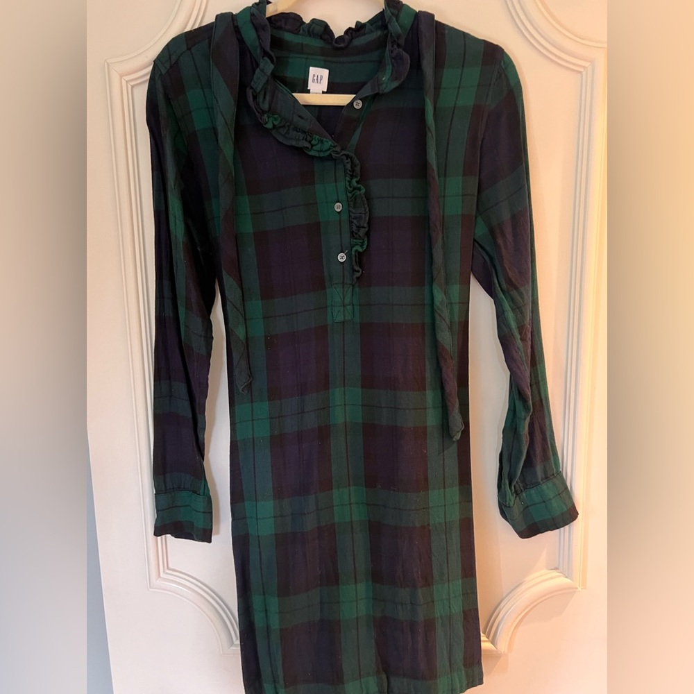 Gap Tartan Green tie waist dress with ruffle collar
